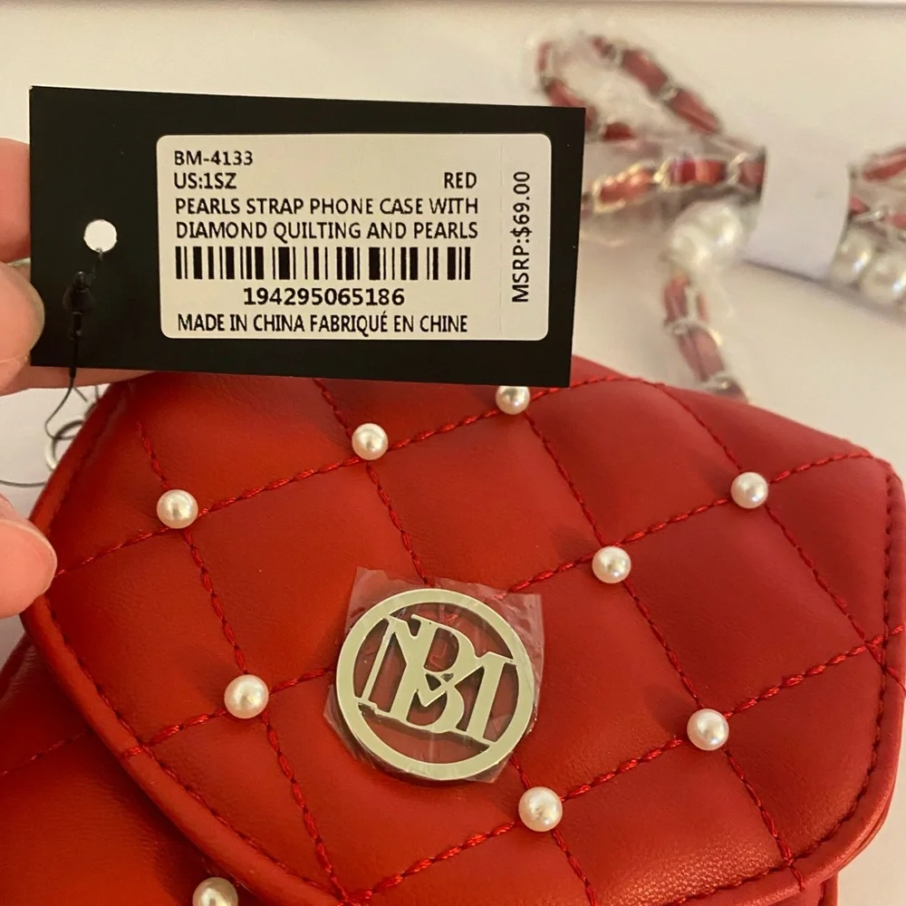 NWT Badgley Mischka‎ Red Phone Bag Crossbody Pearl Accents